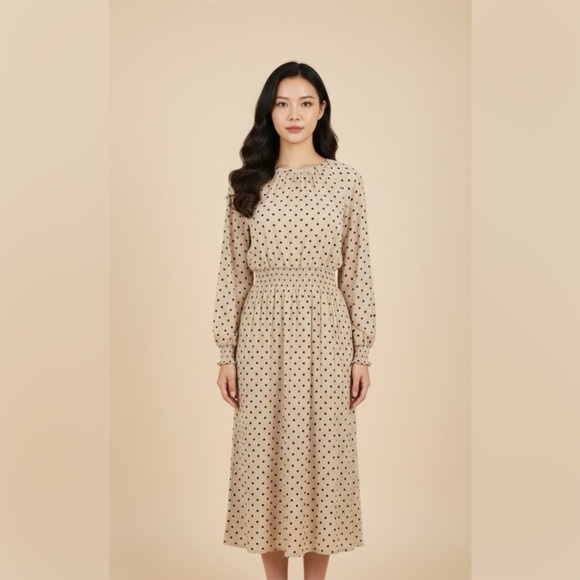 H&M Dresses & Skirts - H&M Women’s Beige Black Polka Dot Long Sleeve Midi Dress Sz XS